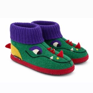 Haflinger Colorful Green Dragon 100% Wool Slippes Kids Size 1